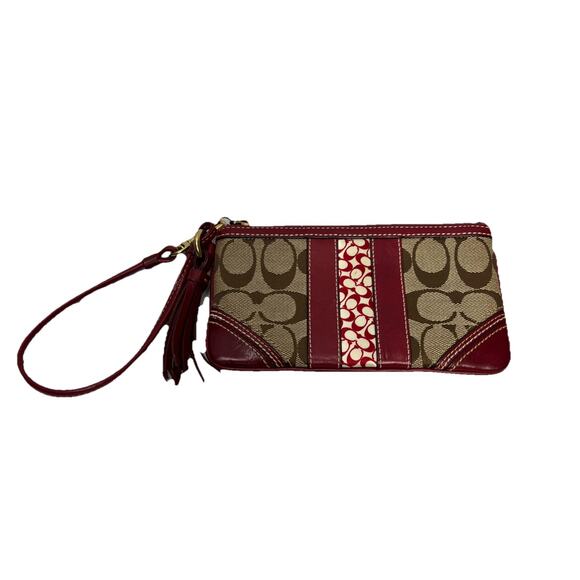 COACH Wristlet Purse Brown Signature Red Leather Trim - Picture 1 of 12